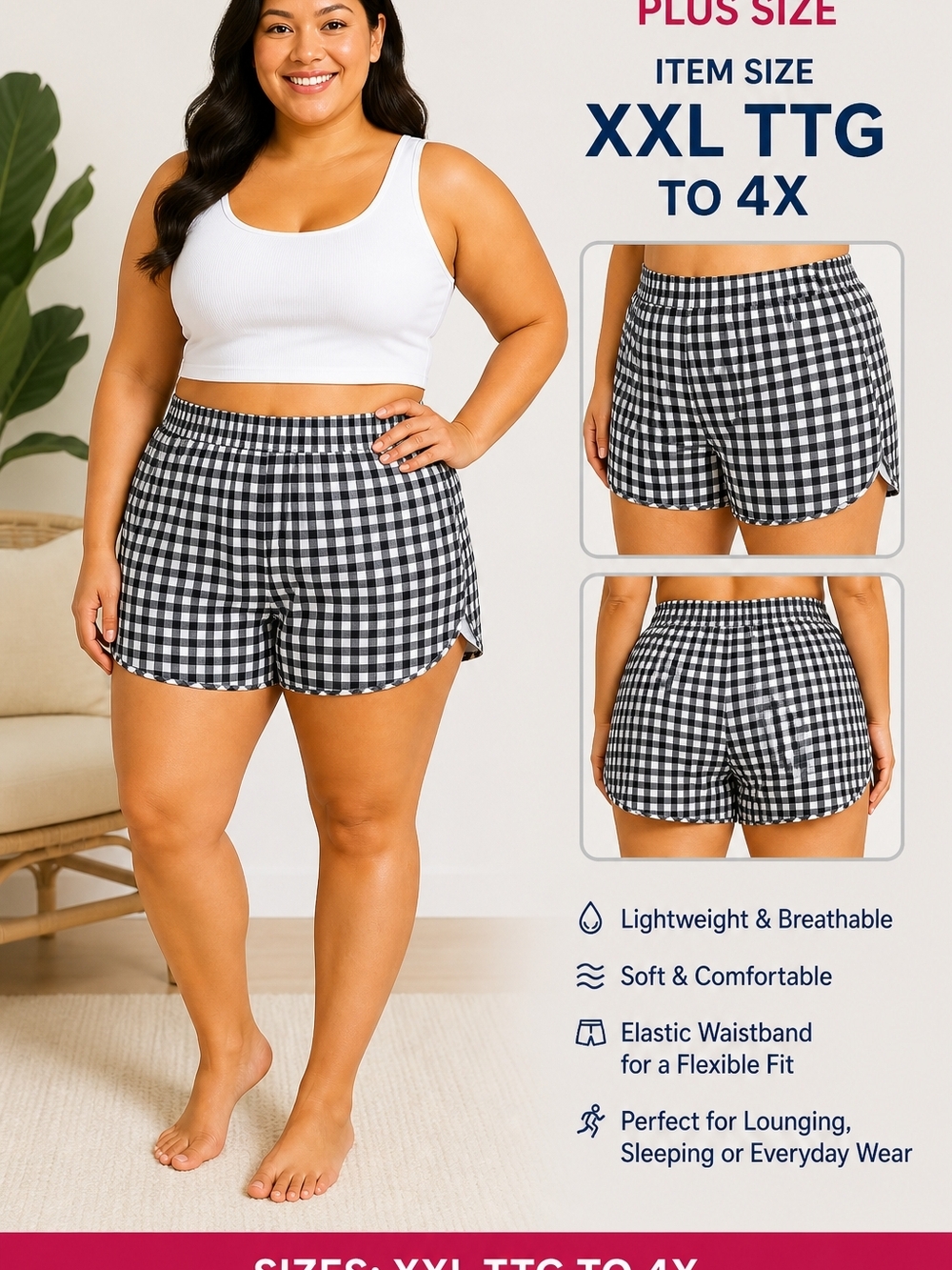Old Navy Plus Size Black and White Gingham Athletic Lined Shorts 4X